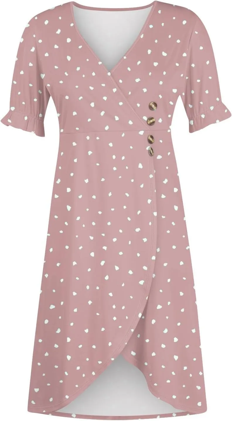 Summer Dresses for Women 2025 Short Sleeve Casual Flowy Dresses V Neck Floral Vacation Sundress Faux Wrap Midi Dress