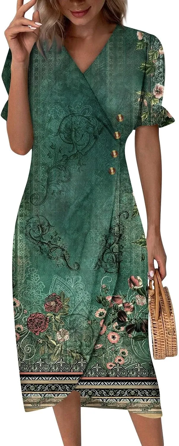 Summer Dresses for Women 2025 Short Sleeve Casual Flowy Dresses V Neck Floral Vacation Sundress Faux Wrap Midi Dress