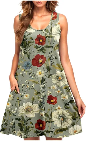 Summer Floral Tank Dresses for Women Sleeveless Mini Tunic Dress Beach Holiday Ruffle Swing Sundress Bikini Cover Up