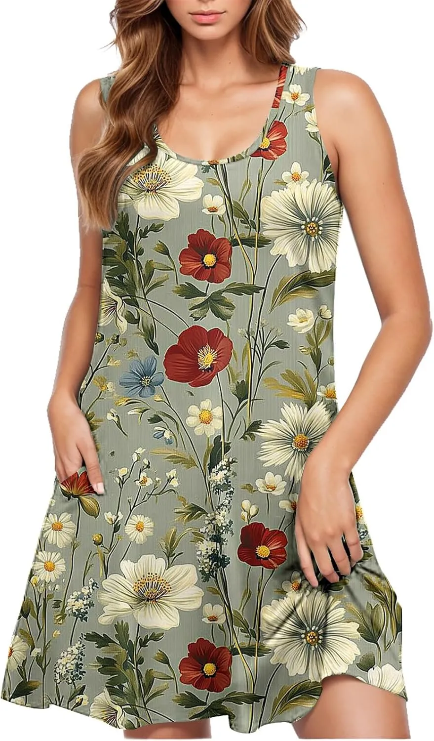 Summer Floral Tank Dresses for Women Sleeveless Mini Tunic Dress Beach Holiday Ruffle Swing Sundress Bikini Cover Up