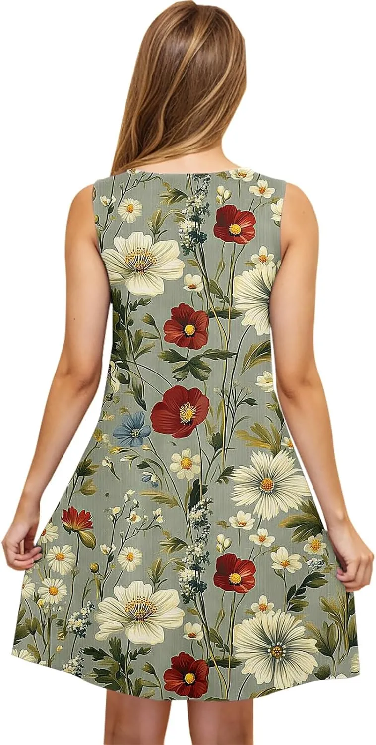 Summer Floral Tank Dresses for Women Sleeveless Mini Tunic Dress Beach Holiday Ruffle Swing Sundress Bikini Cover Up