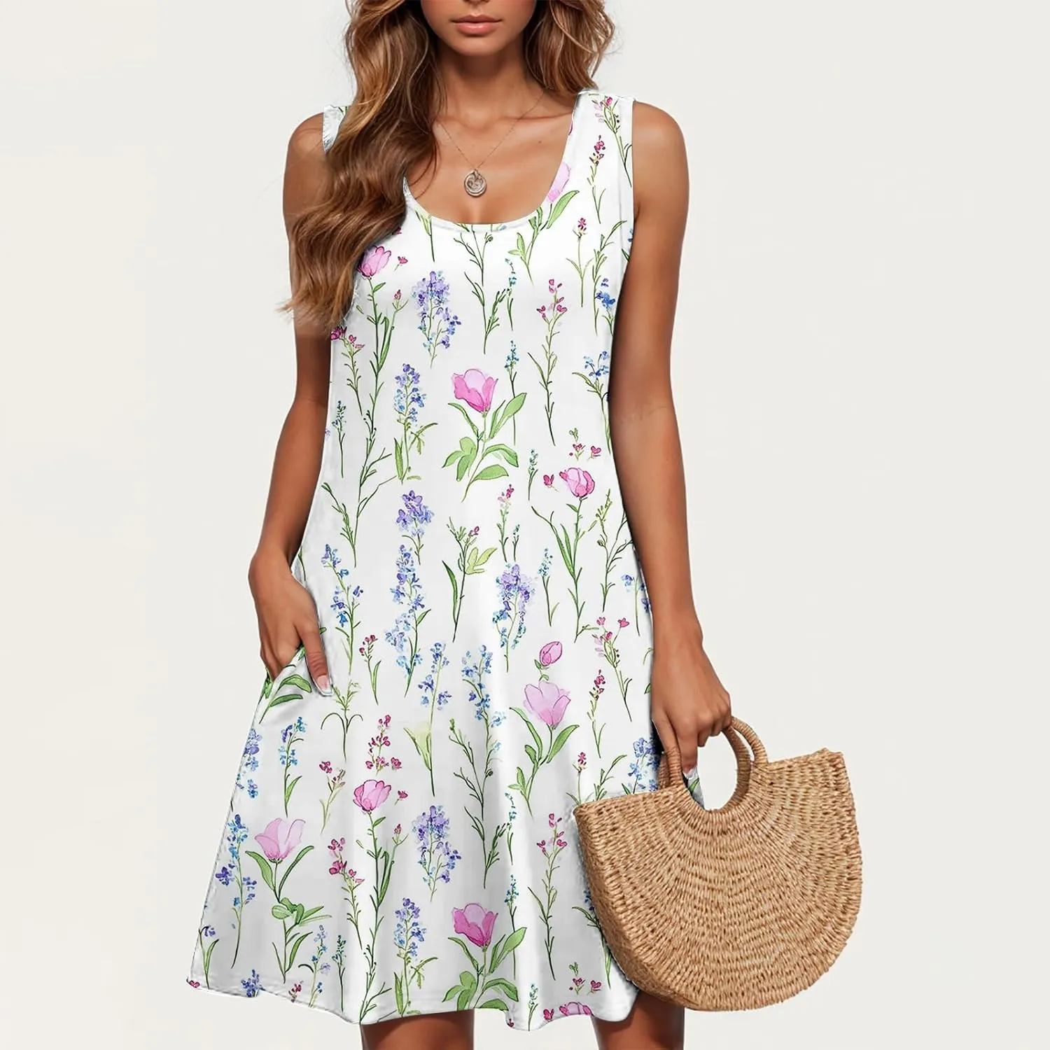 Summer Floral Tank Dresses for Women Sleeveless Mini Tunic Dress Beach Holiday Ruffle Swing Sundress Bikini Cover Up