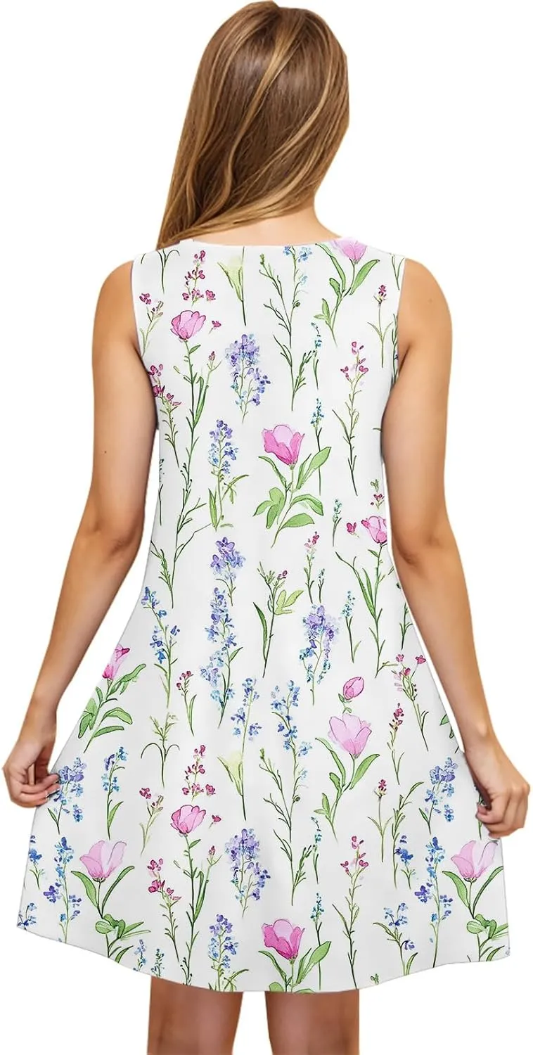 Summer Floral Tank Dresses for Women Sleeveless Mini Tunic Dress Beach Holiday Ruffle Swing Sundress Bikini Cover Up