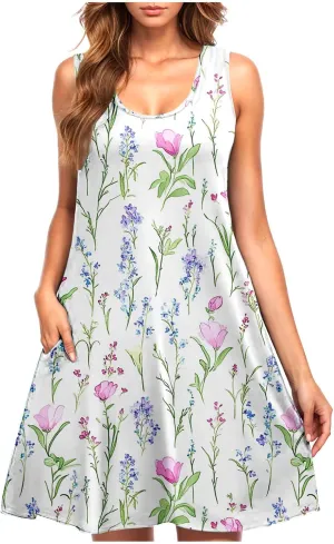 Summer Floral Tank Dresses for Women Sleeveless Mini Tunic Dress Beach Holiday Ruffle Swing Sundress Bikini Cover Up