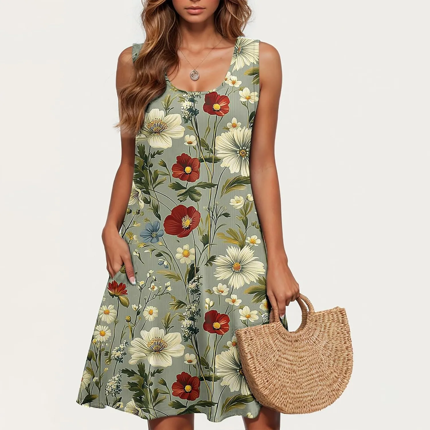 Summer Floral Tank Dresses for Women Sleeveless Mini Tunic Dress Beach Holiday Ruffle Swing Sundress Bikini Cover Up