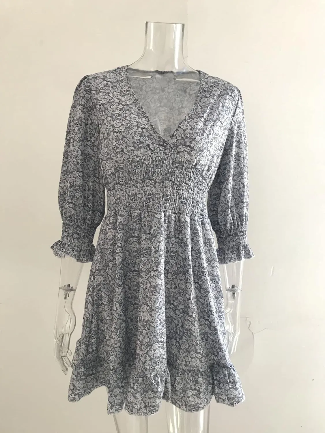 Summer Ladies Deep V Neck Bohemian Floral Print Dress Casual 3/4 Long Sleeve Ruffled Belted Waist Hem Mini Skirt