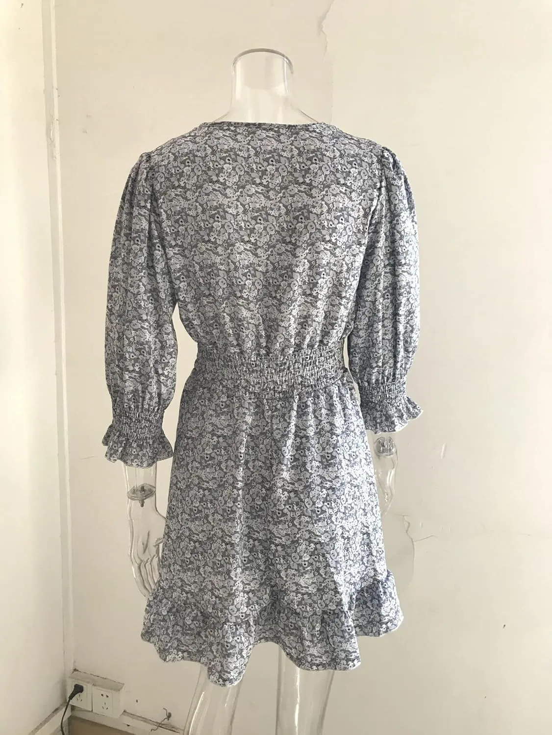 Summer Ladies Deep V Neck Bohemian Floral Print Dress Casual 3/4 Long Sleeve Ruffled Belted Waist Hem Mini Skirt