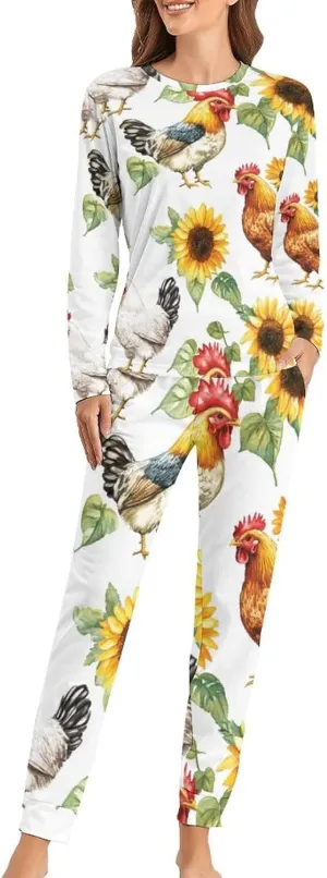 Sunflowers Chickens Roosters Women's Pajama Set Long Sleeve T-shirts Top & Pant Comfort Sleepwear Loungewear