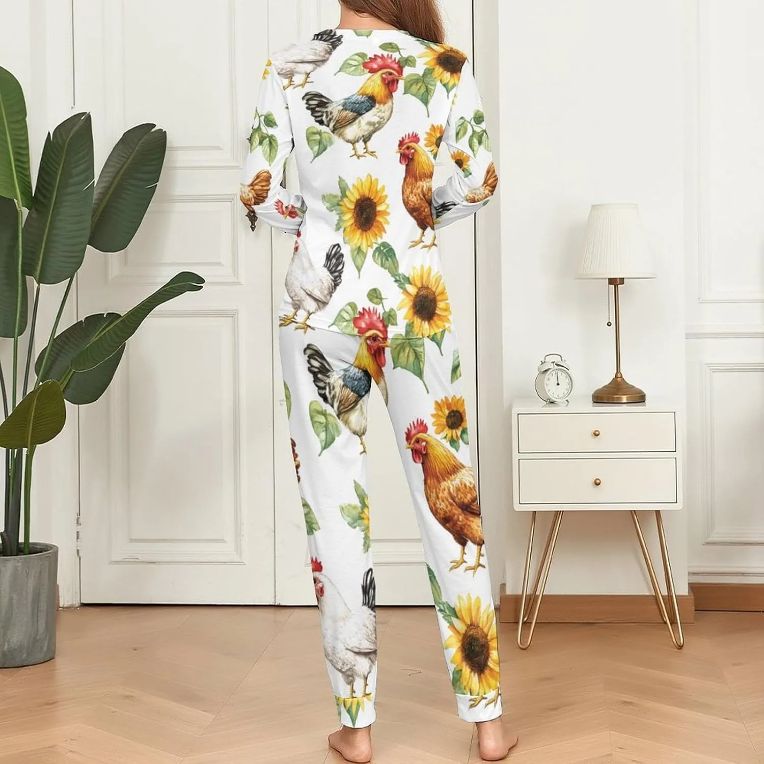 Sunflowers Chickens Roosters Women's Pajama Set Long Sleeve T-shirts Top & Pant Comfort Sleepwear Loungewear