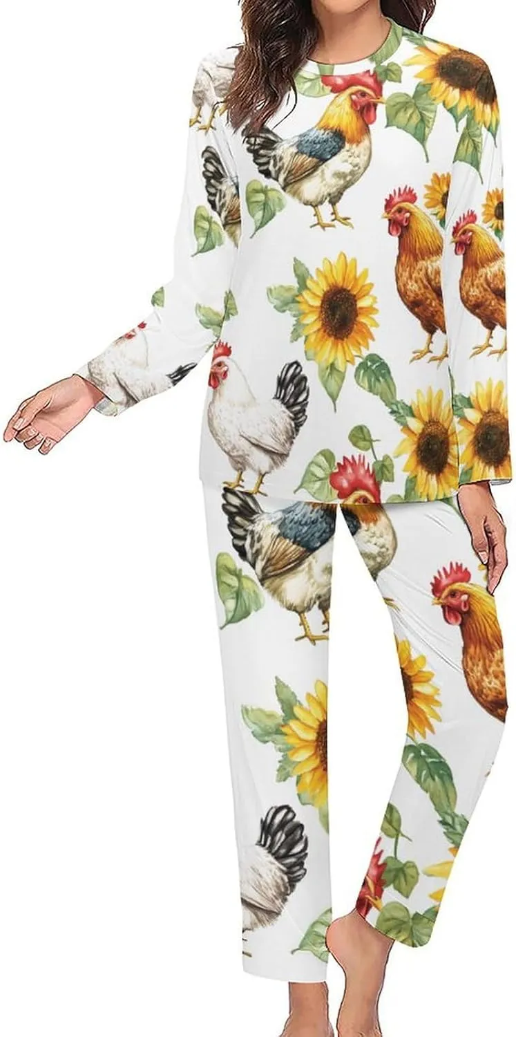 Sunflowers Chickens Roosters Women's Pajama Set Long Sleeve T-shirts Top & Pant Comfort Sleepwear Loungewear
