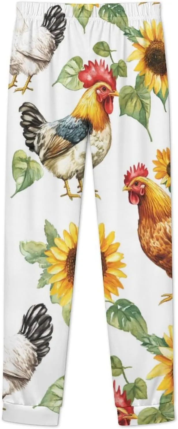 Sunflowers Chickens Roosters Women's Pajama Set Long Sleeve T-shirts Top & Pant Comfort Sleepwear Loungewear