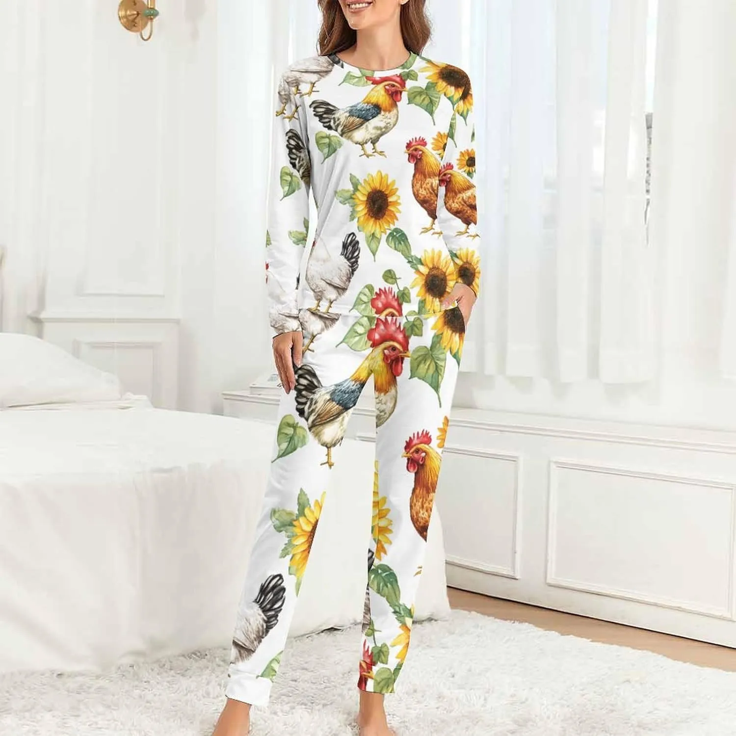 Sunflowers Chickens Roosters Women's Pajama Set Long Sleeve T-shirts Top & Pant Comfort Sleepwear Loungewear