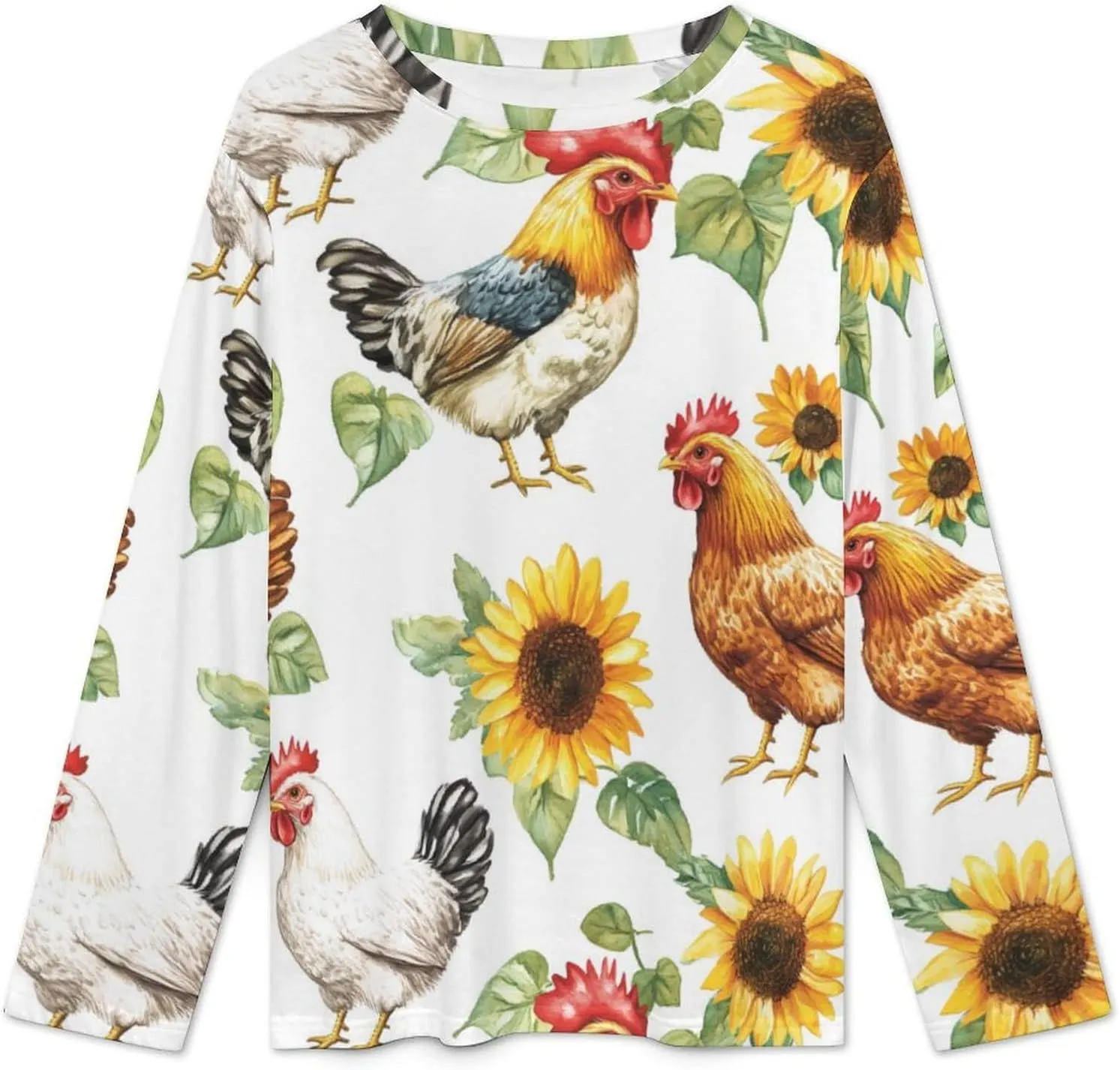 Sunflowers Chickens Roosters Women's Pajama Set Long Sleeve T-shirts Top & Pant Comfort Sleepwear Loungewear