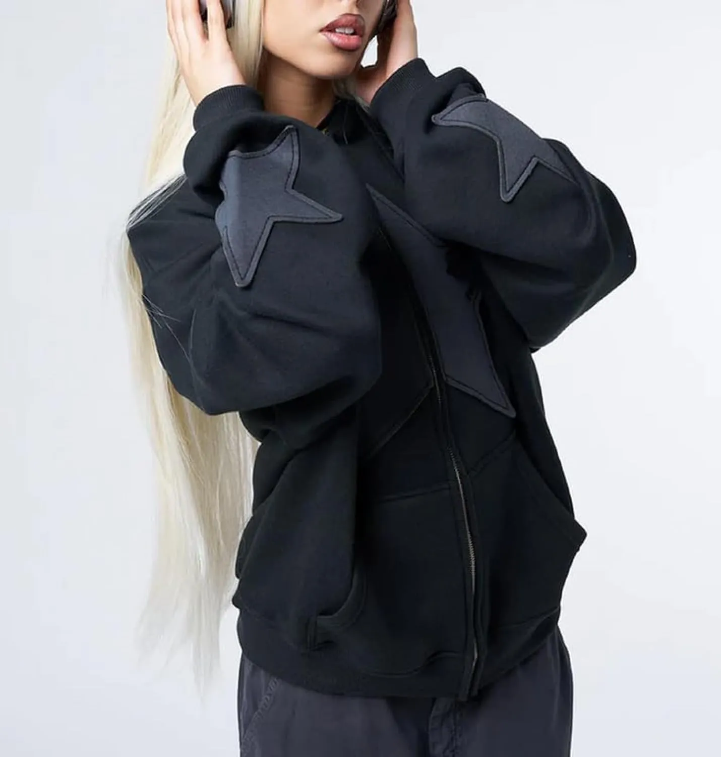 Sunwittafy Women's Aesthetic Zip Up Hoodie Y2k Long Sleeve Oversized Hooded Sweatshirt Fashion Jacket Vintage Streetwear