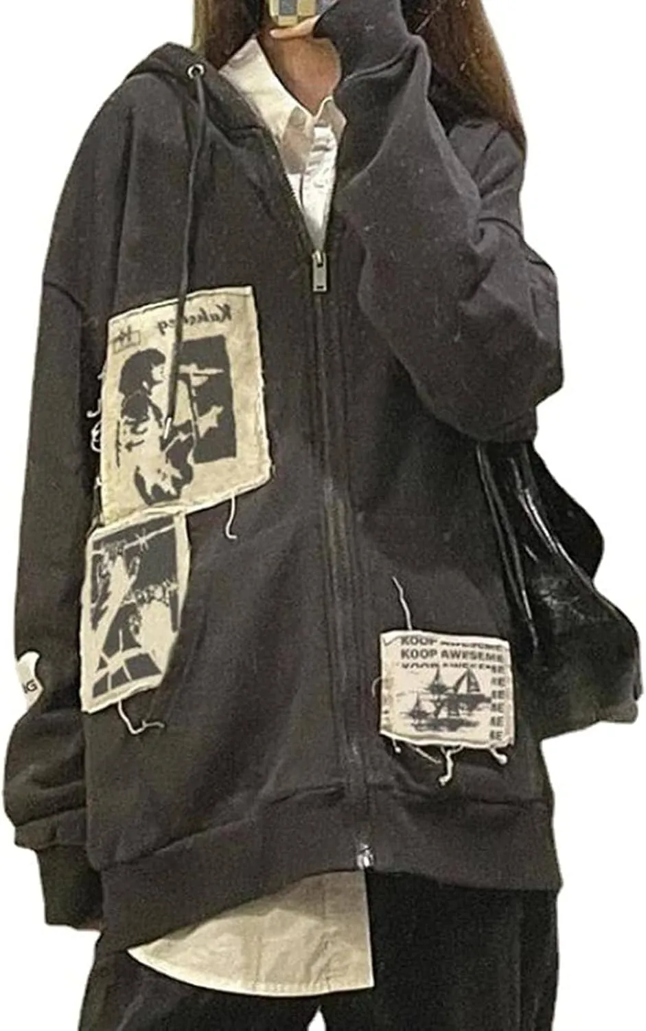 Sunwittafy Women's Aesthetic Zip Up Hoodie Y2k Long Sleeve Oversized Hooded Sweatshirt Fashion Jacket Vintage Streetwear