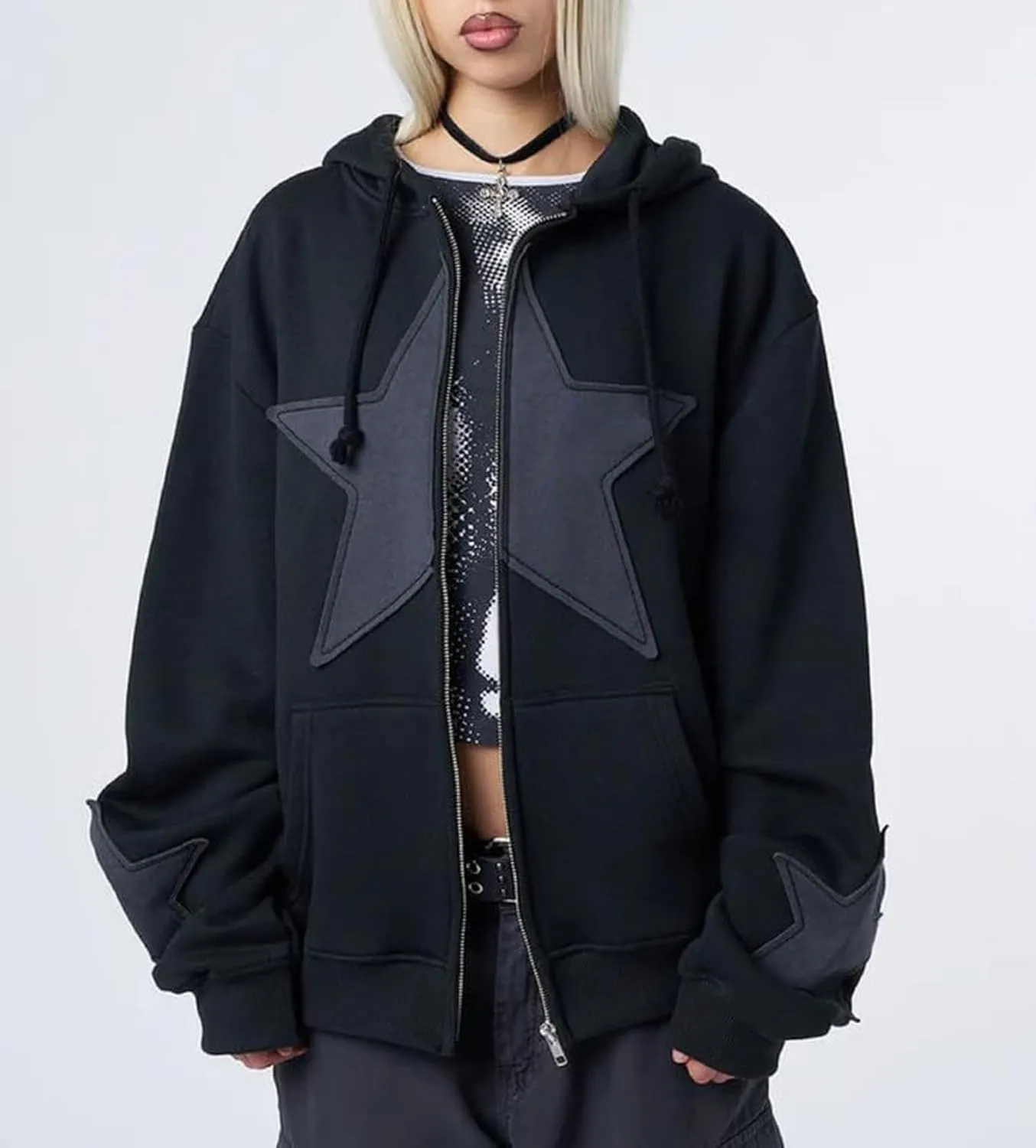 Sunwittafy Women's Aesthetic Zip Up Hoodie Y2k Long Sleeve Oversized Hooded Sweatshirt Fashion Jacket Vintage Streetwear