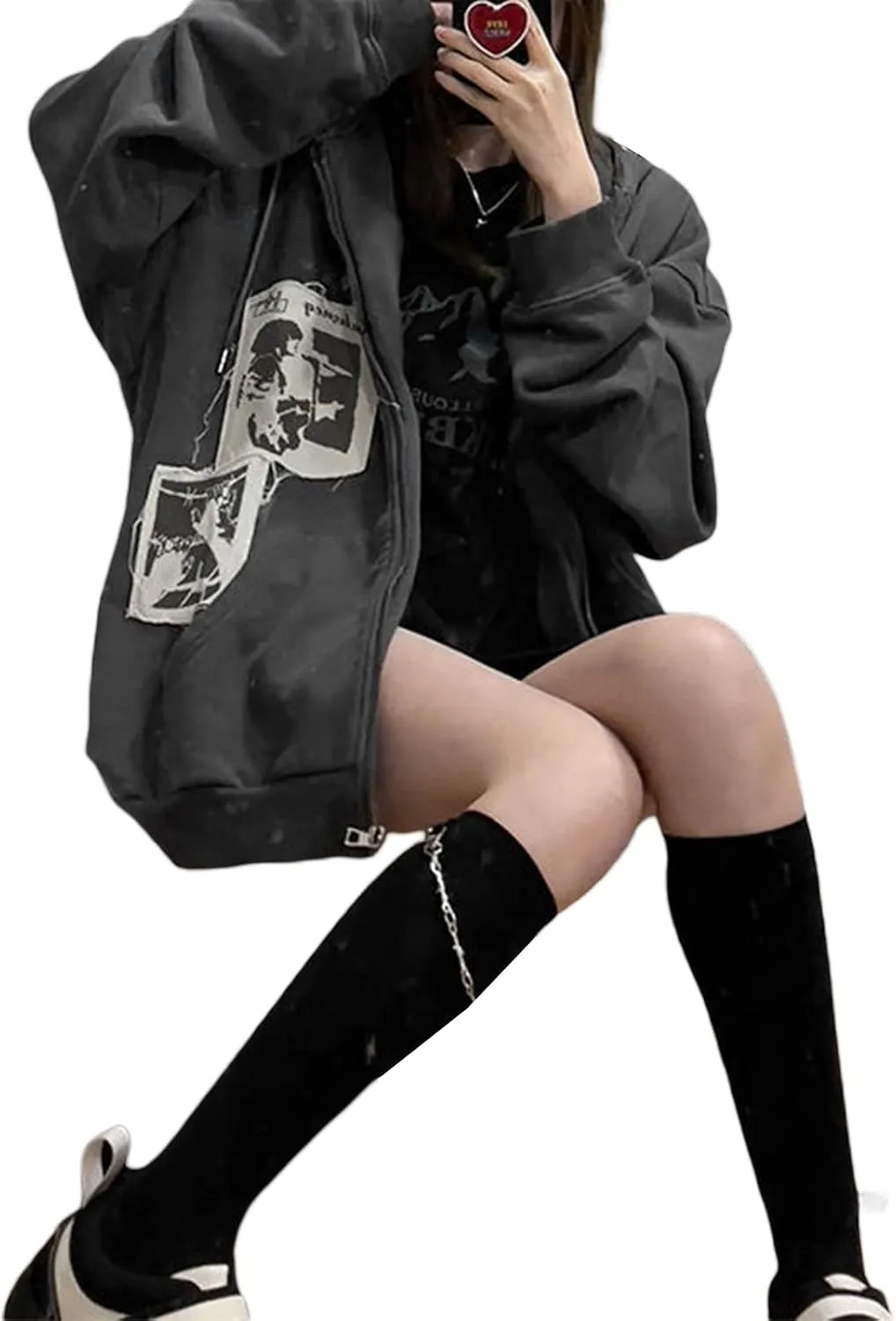 Sunwittafy Women's Aesthetic Zip Up Hoodie Y2k Long Sleeve Oversized Hooded Sweatshirt Fashion Jacket Vintage Streetwear