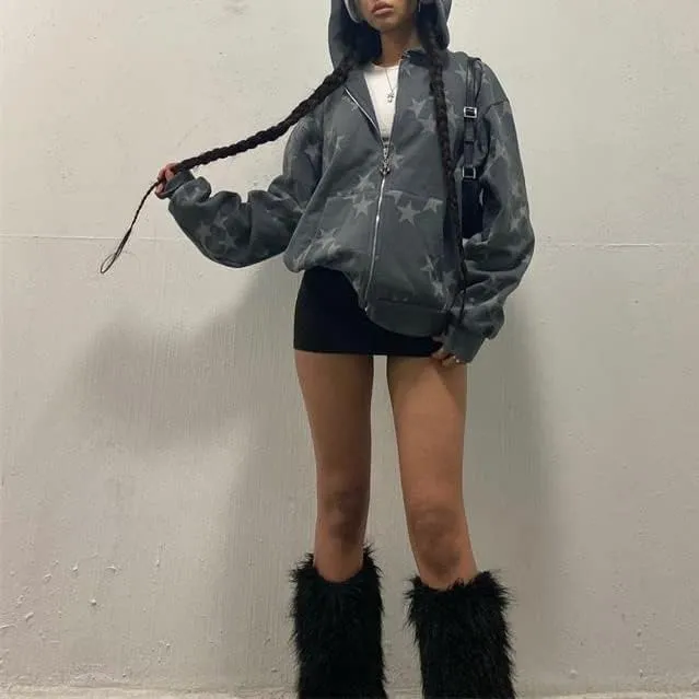 Sunwittafy Women's Aesthetic Zip Up Hoodie Y2k Long Sleeve Oversized Hooded Sweatshirt Fashion Jacket Vintage Streetwear