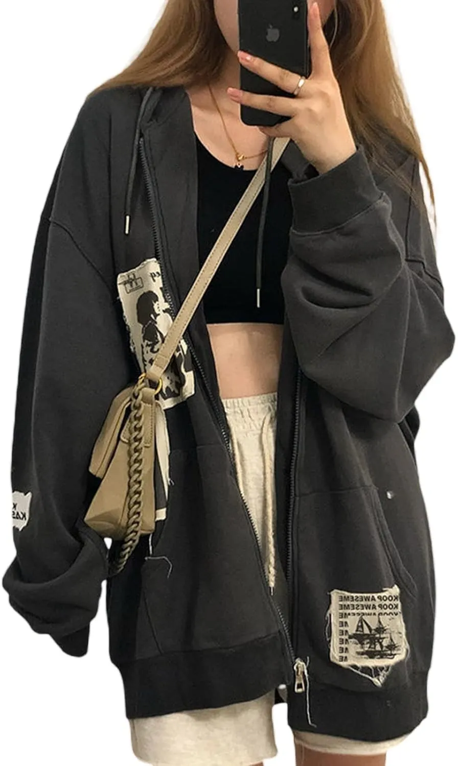 Sunwittafy Women's Aesthetic Zip Up Hoodie Y2k Long Sleeve Oversized Hooded Sweatshirt Fashion Jacket Vintage Streetwear