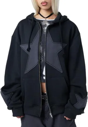 Sunwittafy Women's Aesthetic Zip Up Hoodie Y2k Long Sleeve Oversized Hooded Sweatshirt Fashion Jacket Vintage Streetwear