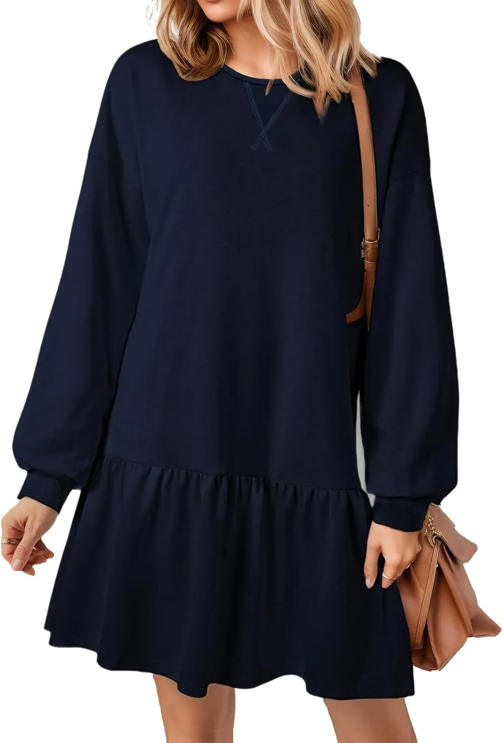 Sweatshirt Dress Women Long Sleeve Crew Neck Pullover Tops Patchwork Oversized Sweatshirt Casual Mini Dresses Y05