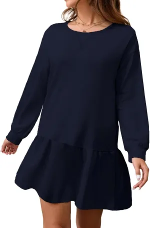 Sweatshirt Dress Women Long Sleeve Crew Neck Pullover Tops Patchwork Oversized Sweatshirt Casual Mini Dresses Y05