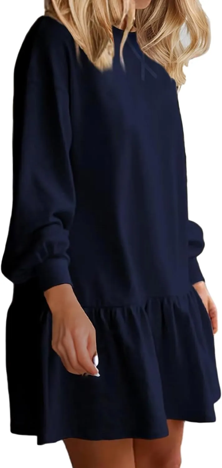 Sweatshirt Dress Women Long Sleeve Crew Neck Pullover Tops Patchwork Oversized Sweatshirt Casual Mini Dresses Y05