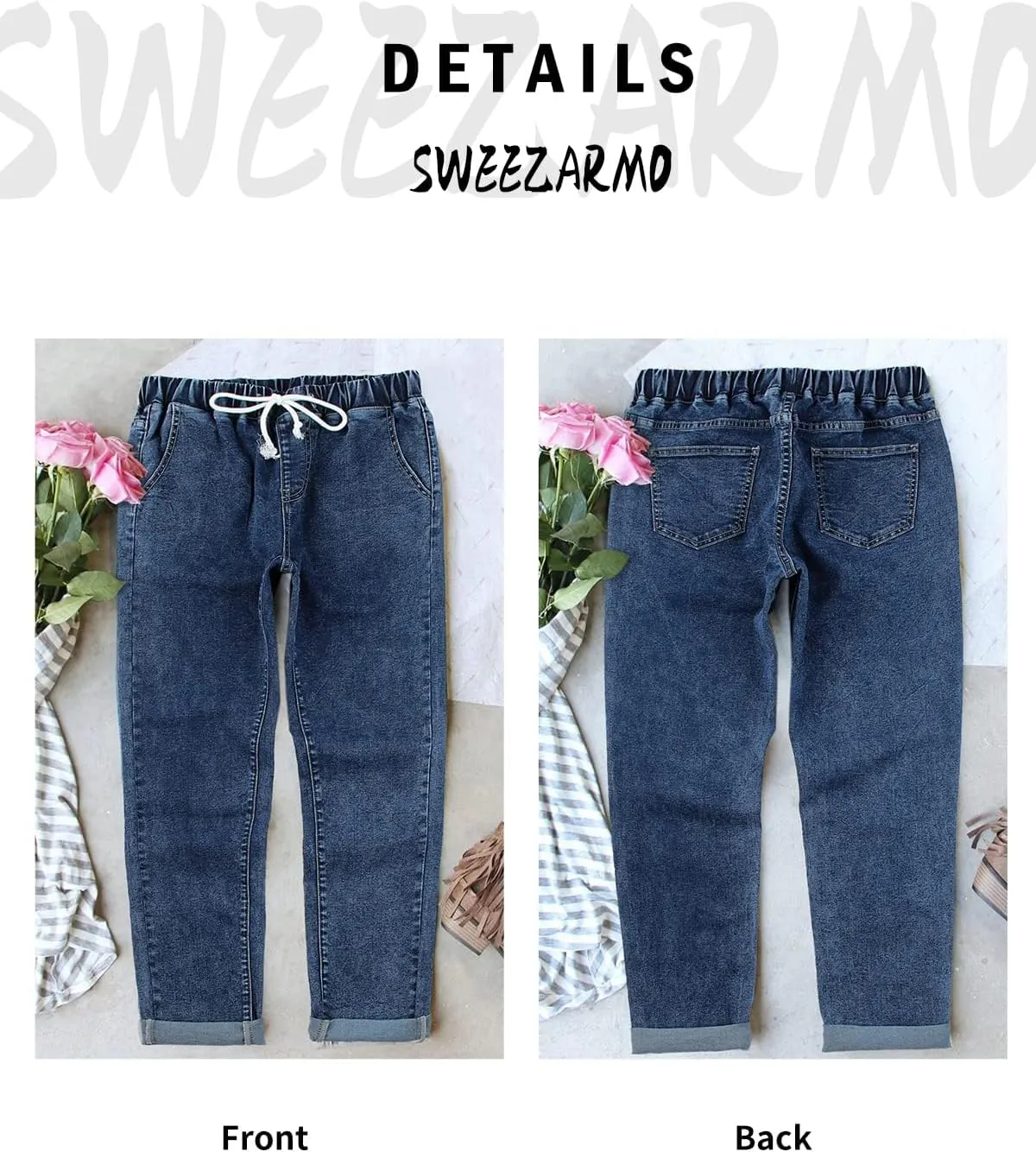 Sweezarmo Women's Pull On Solid Color Jeans Drawstring Elastic Waist Denim Stretch Joggers for Women