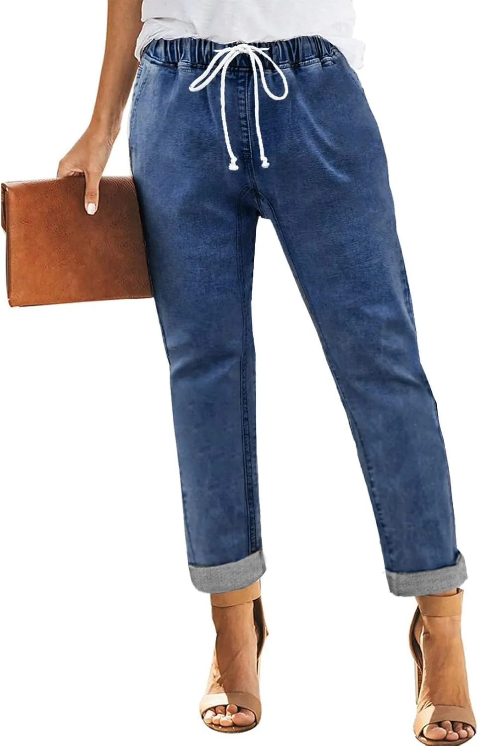 Sweezarmo Women's Pull On Solid Color Jeans Drawstring Elastic Waist Denim Stretch Joggers for Women