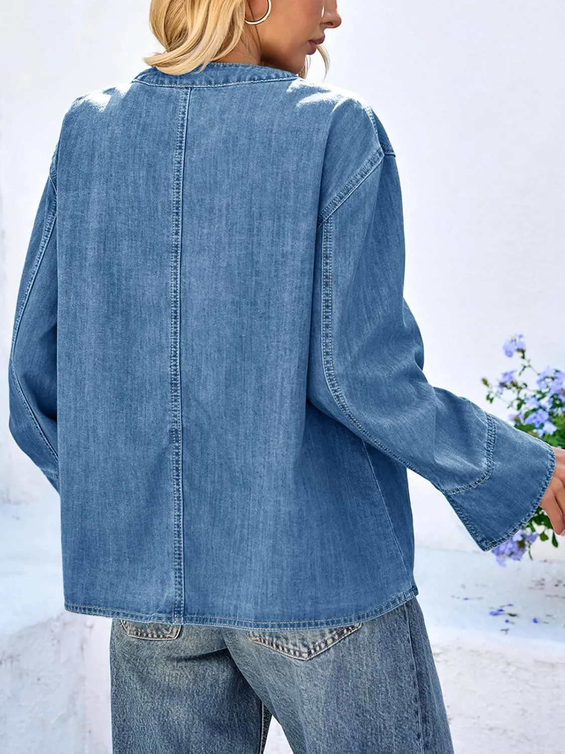 Tankaneo Womens Tie Front Denim Jacket Long Wide Sleeve Loose Fit Bow Jeans Coat Going Out Shacket