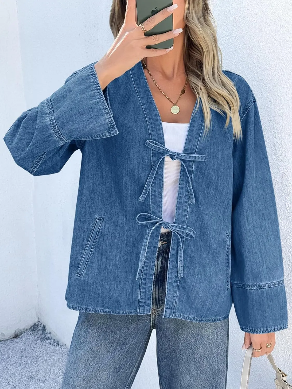 Tankaneo Womens Tie Front Denim Jacket Long Wide Sleeve Loose Fit Bow Jeans Coat Going Out Shacket