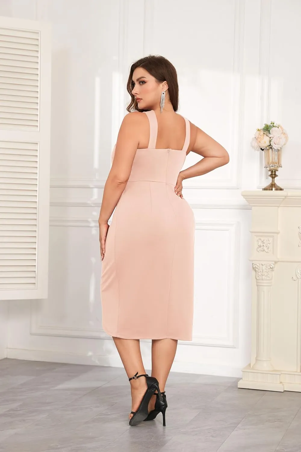 Theenkoln Plus Size Cocktail Dresses:Halterneck Sleeveless Slit Wrap Ruched Formal Weding Guest Bodycon Party Dresses