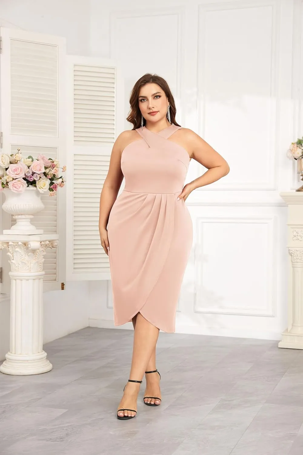Theenkoln Plus Size Cocktail Dresses:Halterneck Sleeveless Slit Wrap Ruched Formal Weding Guest Bodycon Party Dresses