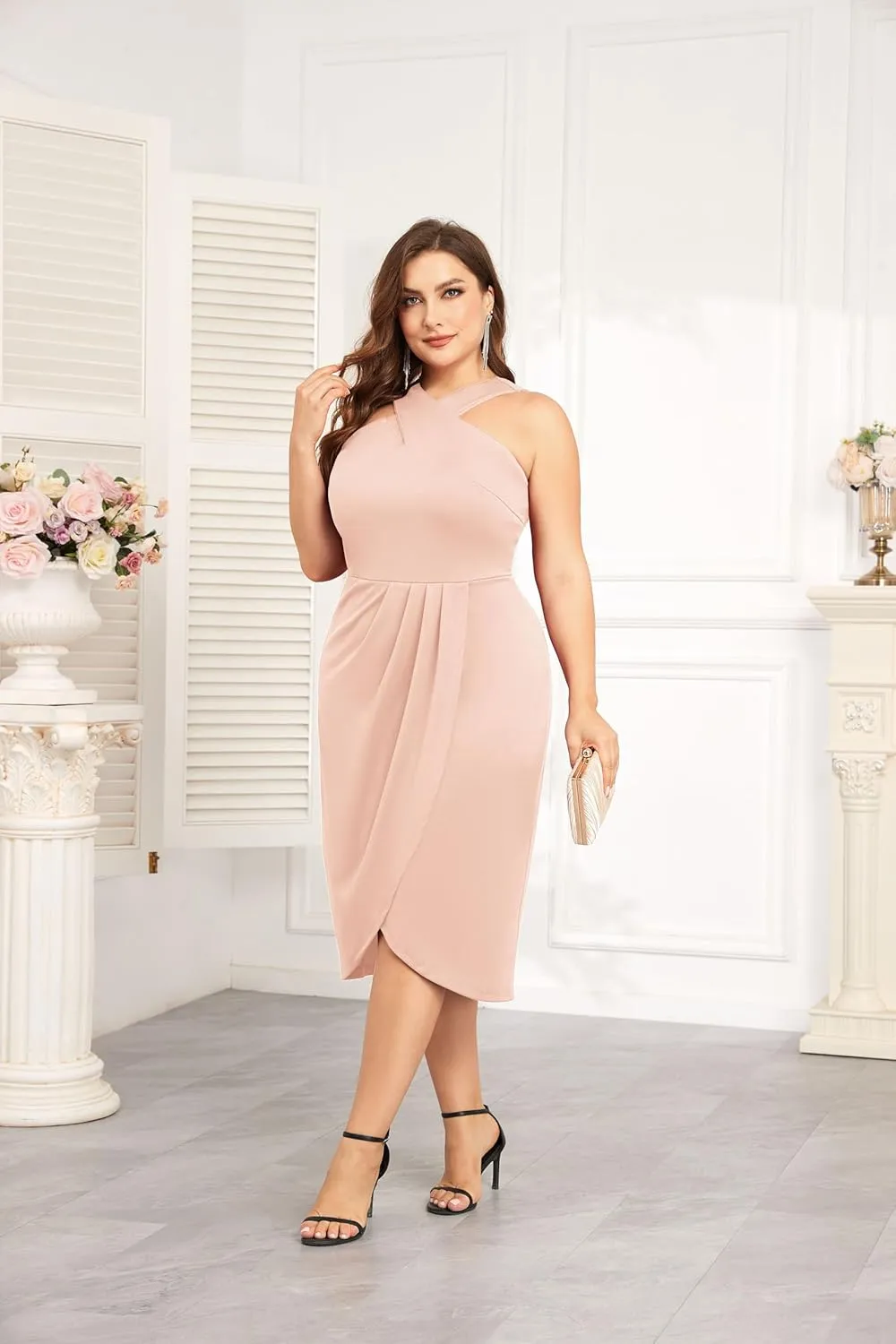 Theenkoln Plus Size Cocktail Dresses:Halterneck Sleeveless Slit Wrap Ruched Formal Weding Guest Bodycon Party Dresses