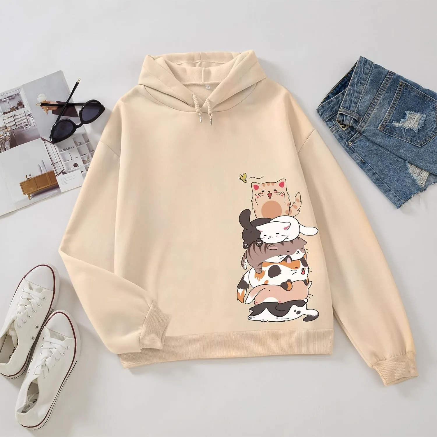 Tuislay Cute Cat Graphic Hoodies for Teen Girls Kawaii Cartoon Printed Hoodie Women Anime Print Hooded Sweatshirt Pullover