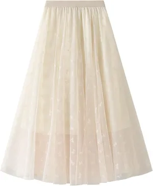 Tulle Skirts for Women High Waist Layered Floral Print Embroidery Mesh A-Line Skirt Party Dress