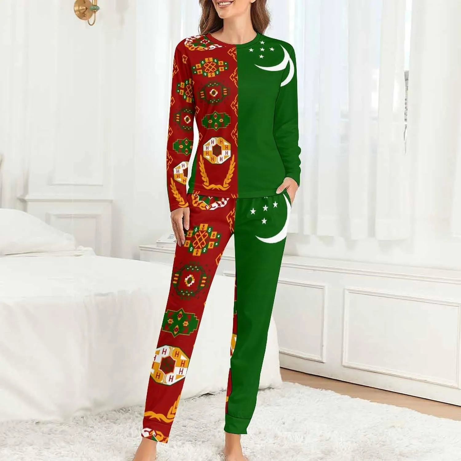 Turkmen Turkmenistan Flag Women's Pajama Set Long Sleeve T-shirts Top & Pant Comfort Sleepwear Loungewear