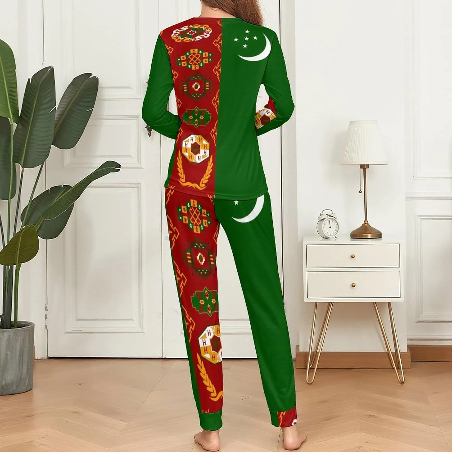 Turkmen Turkmenistan Flag Women's Pajama Set Long Sleeve T-shirts Top & Pant Comfort Sleepwear Loungewear