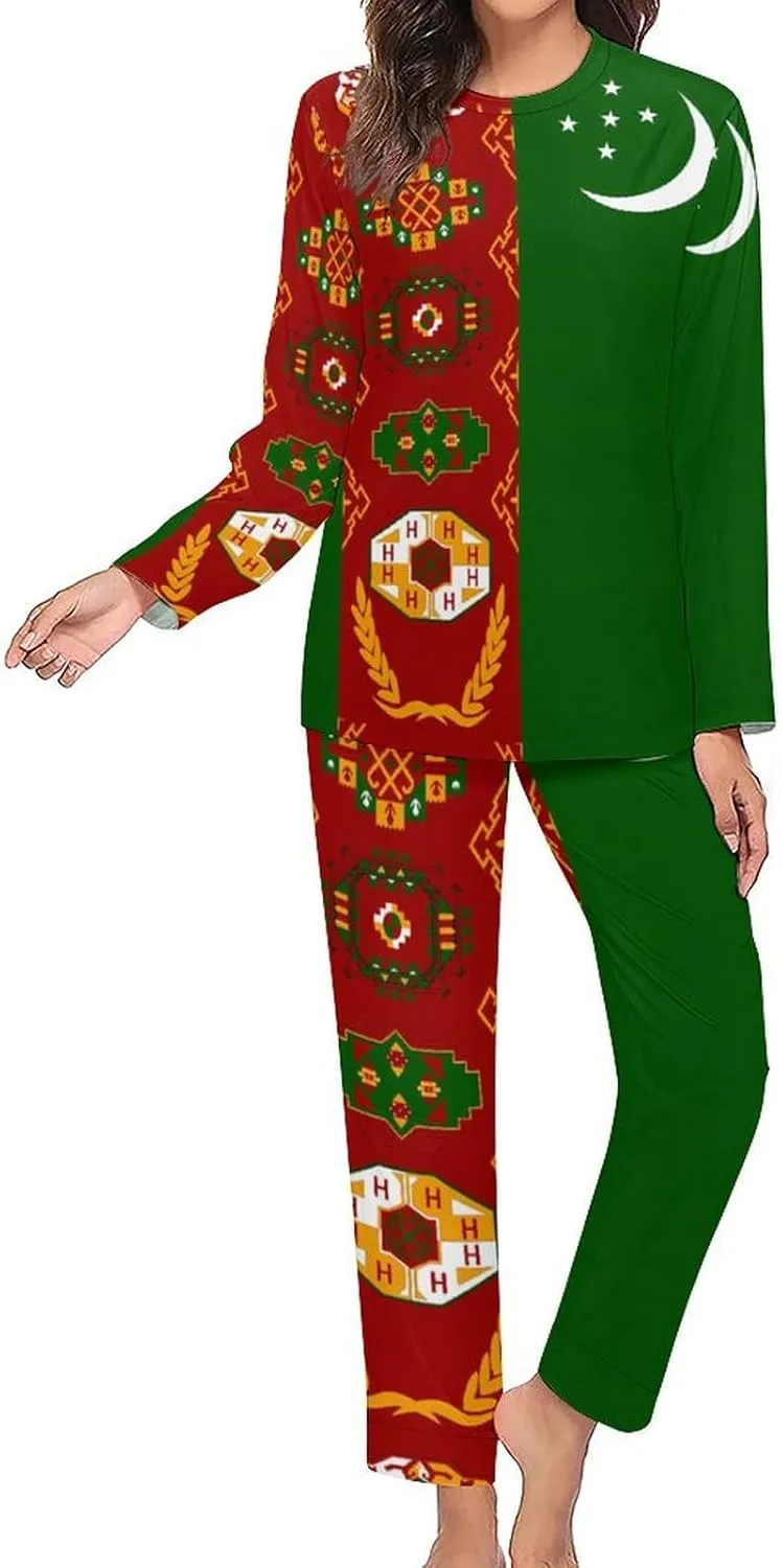 Turkmen Turkmenistan Flag Women's Pajama Set Long Sleeve T-shirts Top & Pant Comfort Sleepwear Loungewear