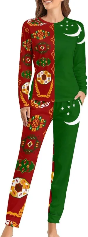 Turkmen Turkmenistan Flag Women's Pajama Set Long Sleeve T-shirts Top & Pant Comfort Sleepwear Loungewear