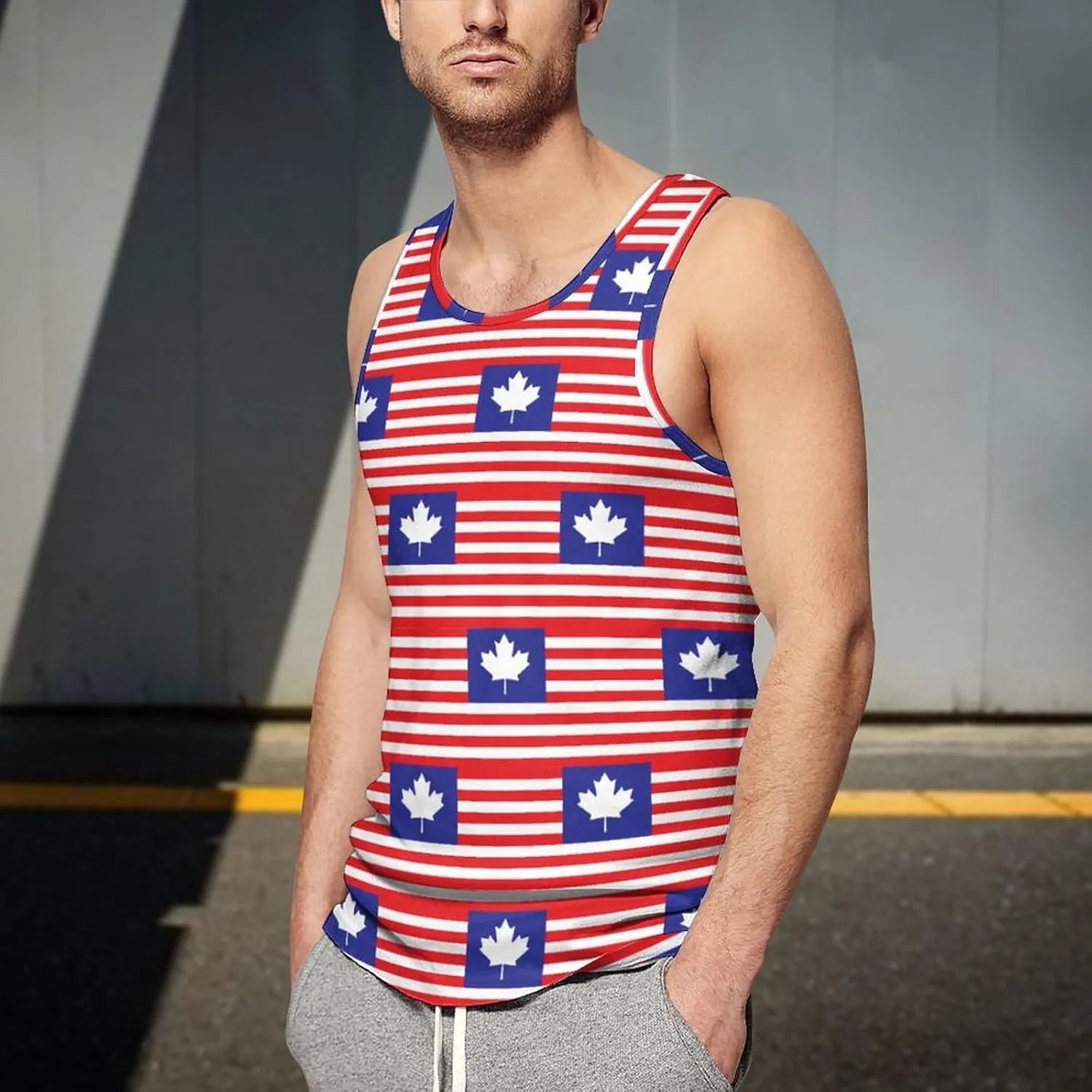 U.S. Canada Flag Mens Tank Top Undershirt Sleeveless Gym Vest Workout T-Shirts