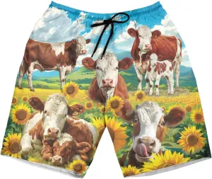 V-DECORPARKS Hereford Cattle Mens Swim Trunks - Scenery Cow Swimming Trunks for Men - Beach Shorts Mens Board Shorts Set 49