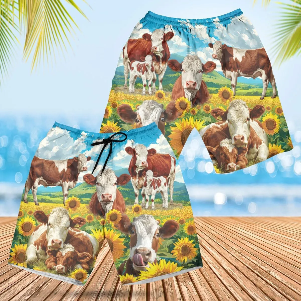 V-DECORPARKS Hereford Cattle Mens Swim Trunks - Scenery Cow Swimming Trunks for Men - Beach Shorts Mens Board Shorts Set 49