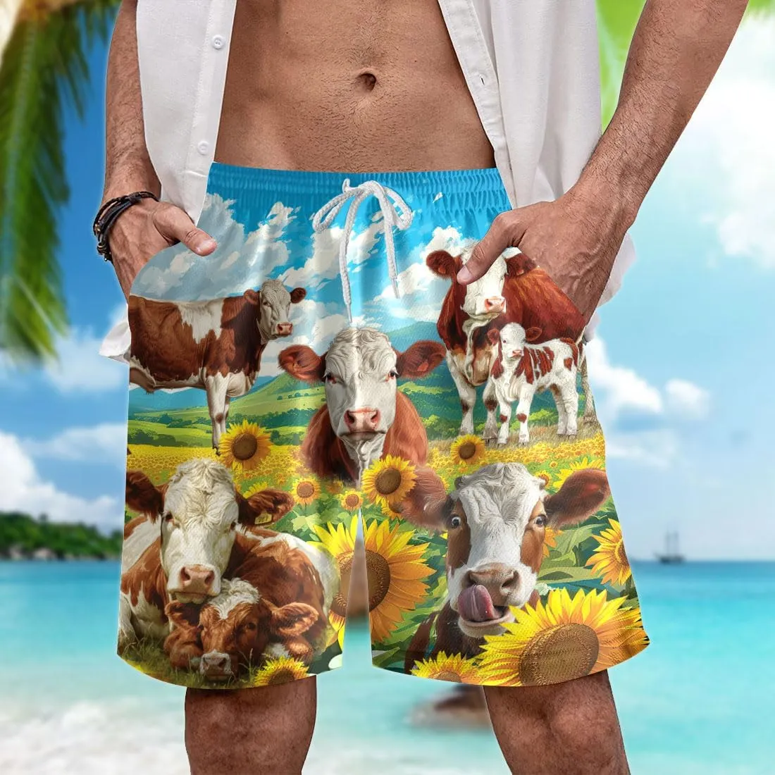 V-DECORPARKS Hereford Cattle Mens Swim Trunks - Scenery Cow Swimming Trunks for Men - Beach Shorts Mens Board Shorts Set 49