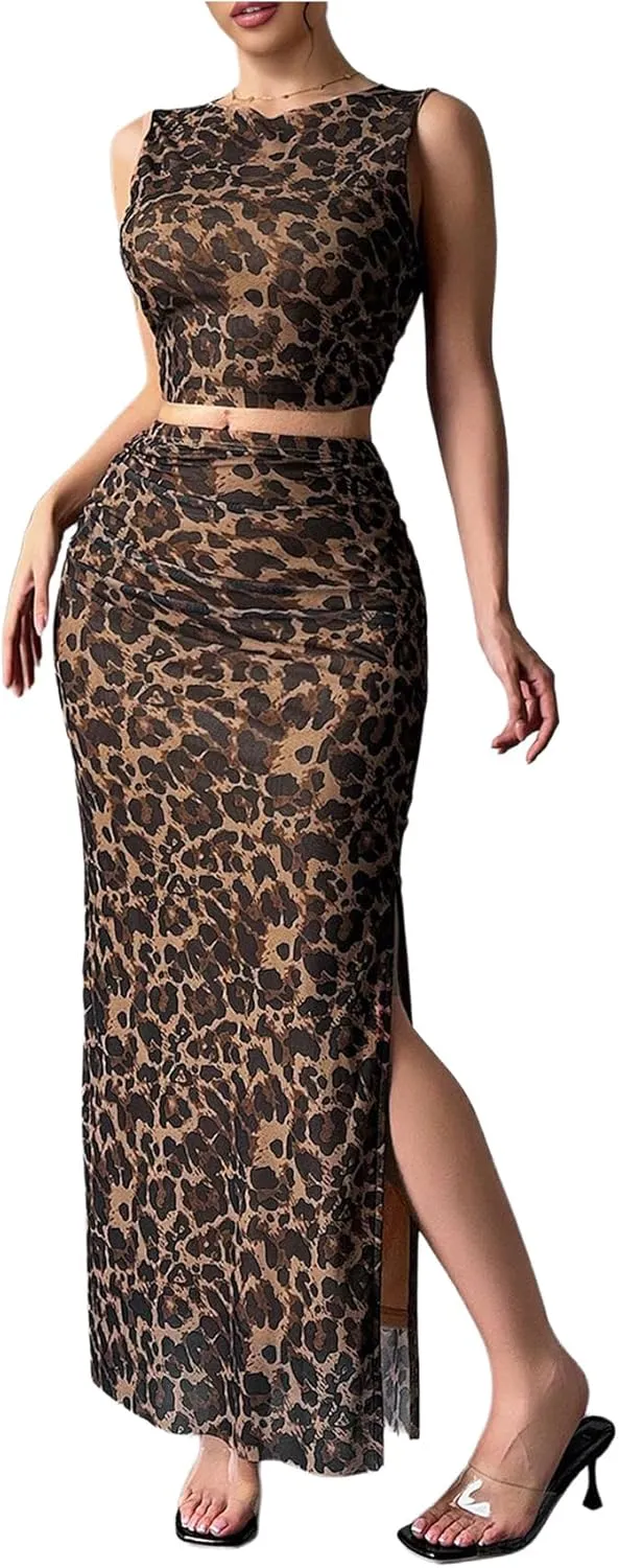 Verdusa Women's 2 Piece Leopard Outfit Y2k Sleeveless Crop Tops Split Bodycon Maxi Skirt Set