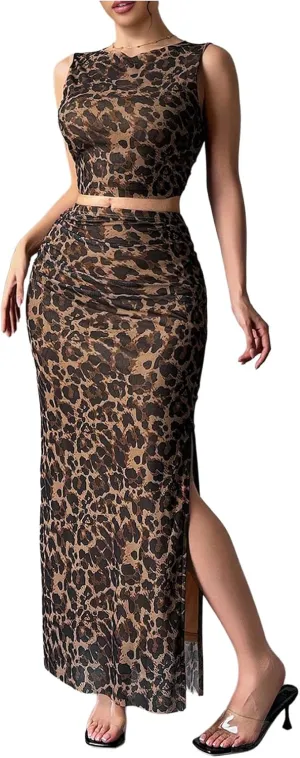Verdusa Women's 2 Piece Leopard Outfit Y2k Sleeveless Crop Tops Split Bodycon Maxi Skirt Set