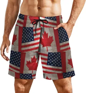 Vintage Canadian Us Flag Casual Beach Shorts for Men Elastic Waist Drawstring Swim Shorts With Compression Liner