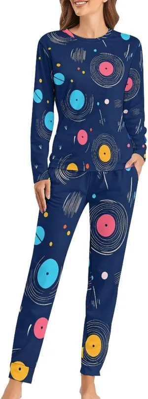Vintage Vinyl Records Spinning Women's Pajama Set Long Sleeve T-shirts Top & Pant Comfort Sleepwear Loungewear