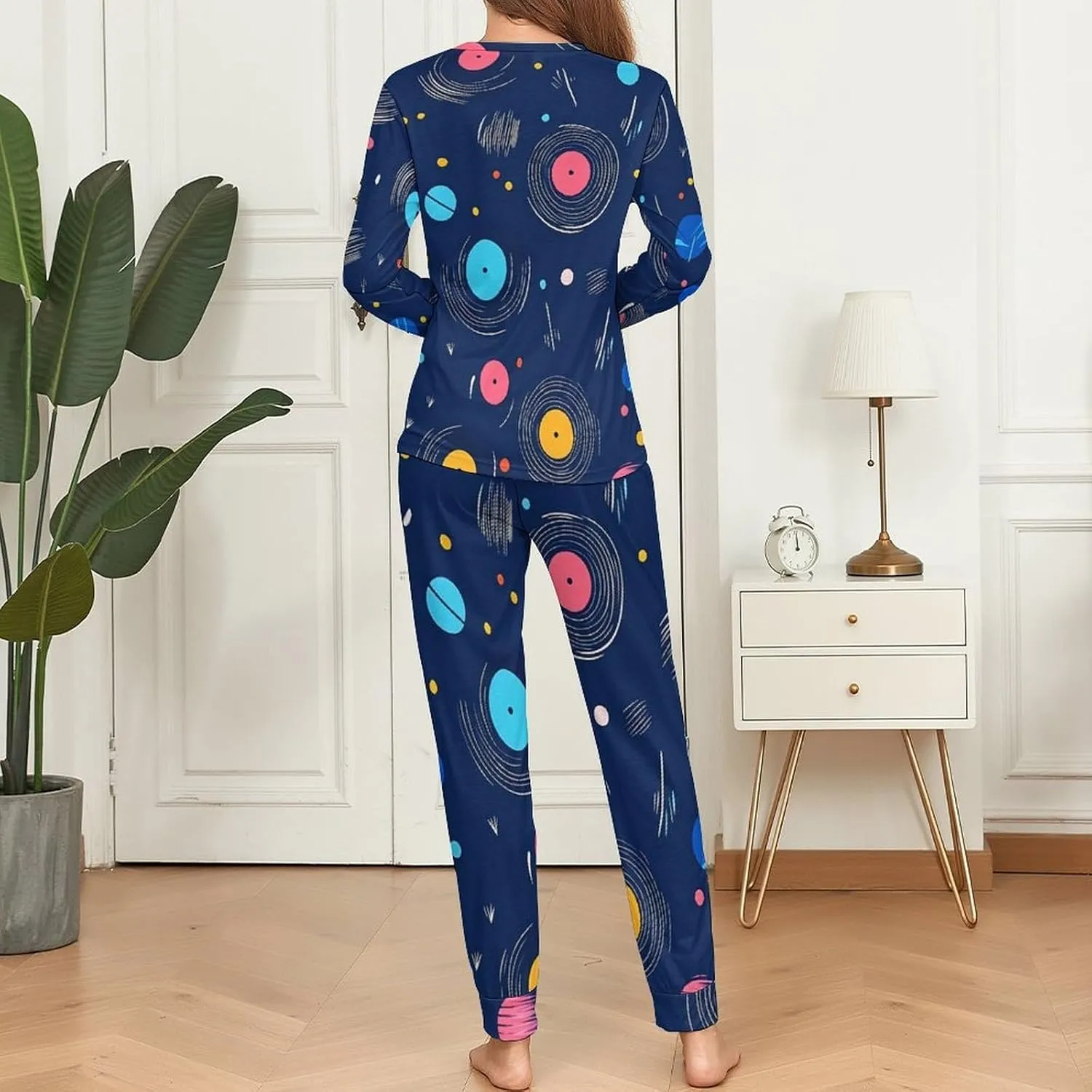 Vintage Vinyl Records Spinning Women's Pajama Set Long Sleeve T-shirts Top & Pant Comfort Sleepwear Loungewear