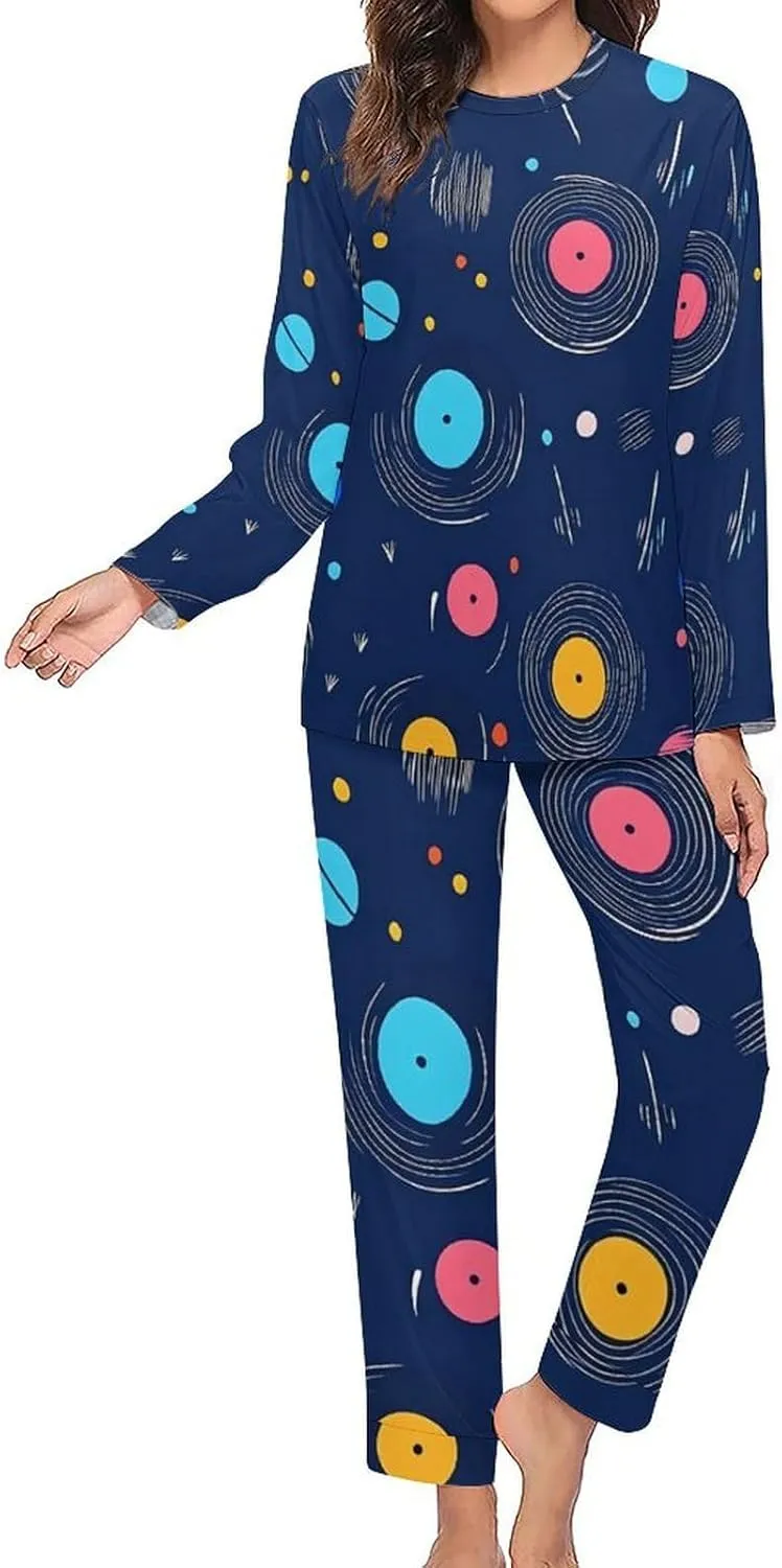 Vintage Vinyl Records Spinning Women's Pajama Set Long Sleeve T-shirts Top & Pant Comfort Sleepwear Loungewear